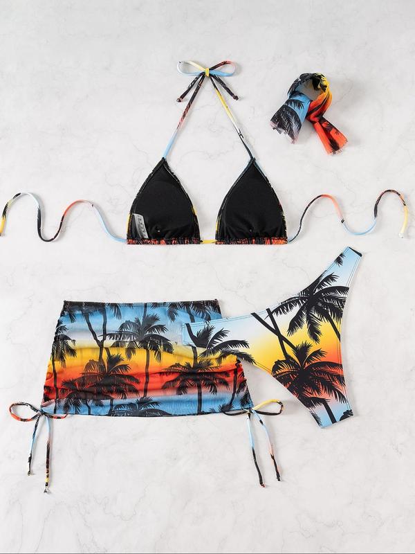 Two-Piece Set Women's Tropical Print Halter Triangle Swim Bra & Swim Panty & Drawstring Ruched Knot Side Cover Up Skirt Bikini Set, Casual Fashion Swimwear Set for Beach Holiday Vacation, Ladies Clothes for Summer