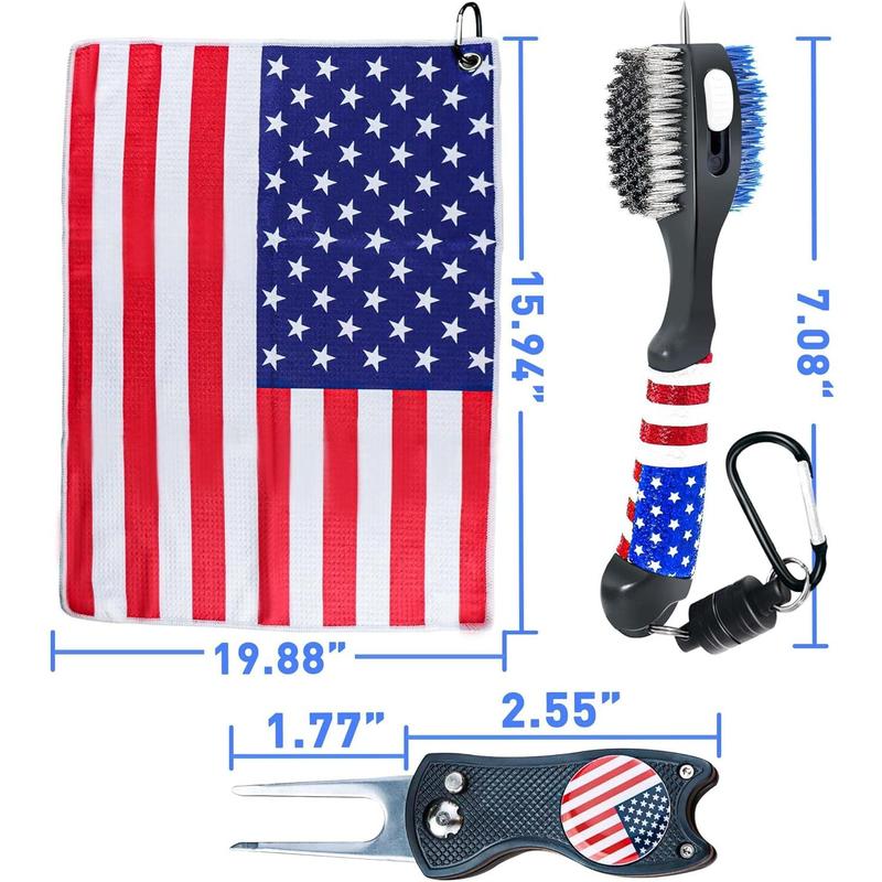 Golf Club Brush and Amercian Flag Golf Towels, Golf Groove Cleaner Cleaning kit, Golf Accessories Cleaner Tool with Strong Magnet Stick to Golf Clubs or Bag