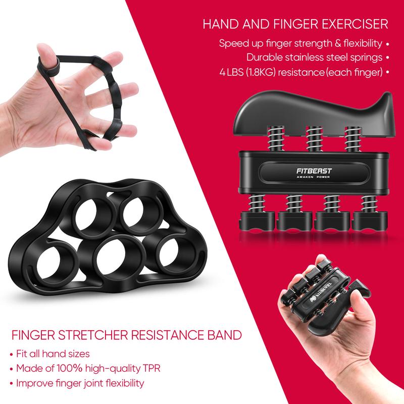 FitBeast Hand Grip Strengthener Workout Kit (5 Pack), 2 Forearm Grip Adjustable Resistance Hand Gripper, Finger Stretcher, Grip Ring & Stress Relief Grip Ball for Athletes