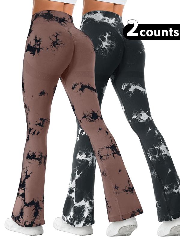 Women's Tie Dye Print High Waist Sports Leggings, Casual Comfy Breathable Seamless Bell Bottom Trousers for Yoga Gym Workout Running, Ladies Sportswear for All Seasons