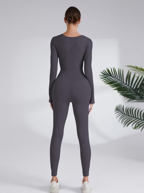 Women's Solid Square Neck Long Sleeve Sports Jumpsuit, Sporty Comfy High Stretch Ribbed Jumpsuit for Yoga Gym Workout, Ladies Sportswear for Spring & Fall