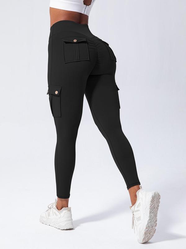 Women's Solid High Waist Pocket Sports Leggings, Casual Comfy Breathable Skinny Pants for Yoga Gym Workout, Ladies Sportswear for All Seasons