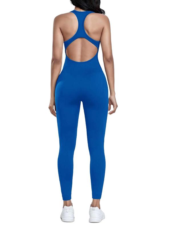 Sporty Women's Cut Out Square Neck Sports Jumpsuit with Removable Bra Pad, Solid Color Sleeveless Sport Jumpsuit, Ladies Sportswear Clothing, Tummy Control