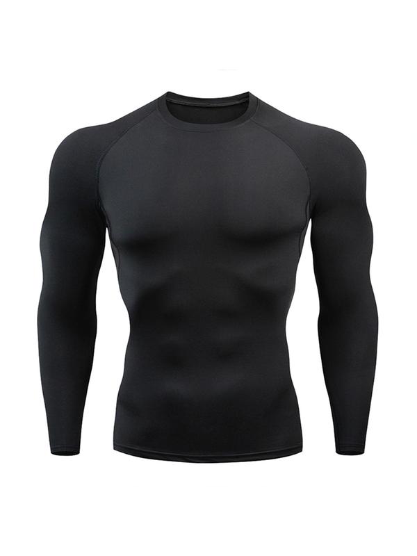 Men's Tight Solid Round Neck Sports Tee, Basic Long Sleeve Crew Neck T-Shirt for Gym Workout Running, Men Sport & Outdoor Clothing