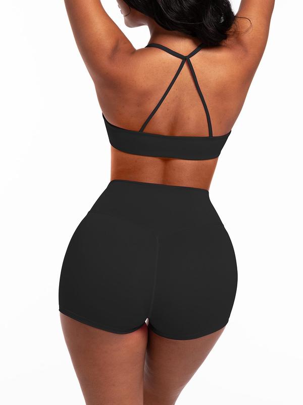 Women's Solid Twist Backless Bra & High Waist Shorts Sportswear Set, Sporty Casual Comfy Breathable Outfits for Yoga Gym Workout Running, Ladies Sportswear for All Seasons