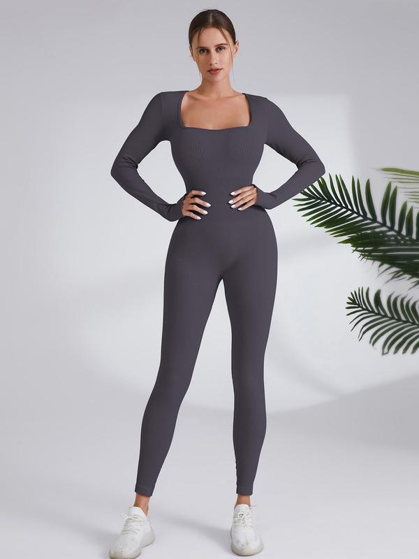 Women's Solid Square Neck Long Sleeve Sports Jumpsuit, Sporty Comfy High Stretch Ribbed Jumpsuit for Yoga Gym Workout, Ladies Sportswear for Spring & Fall