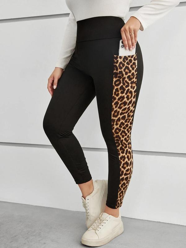  Patchwork Leopard Print Pocket Sports Leggings, High Waist Skinny Pants for Yoga Gym Workout, Sports Bottoms