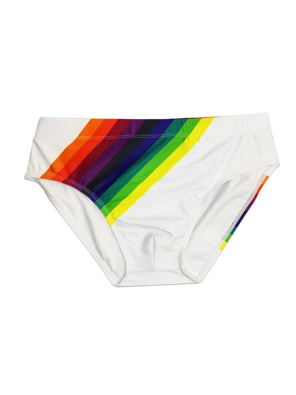 LGBTQ+ Unisex Men Swim Trunks Rainbow Stripe Print Tie Front Swim Knicker, Casual Comfy Breathable Swim Bottoms for Summer, Swimwear for Beach Swimming