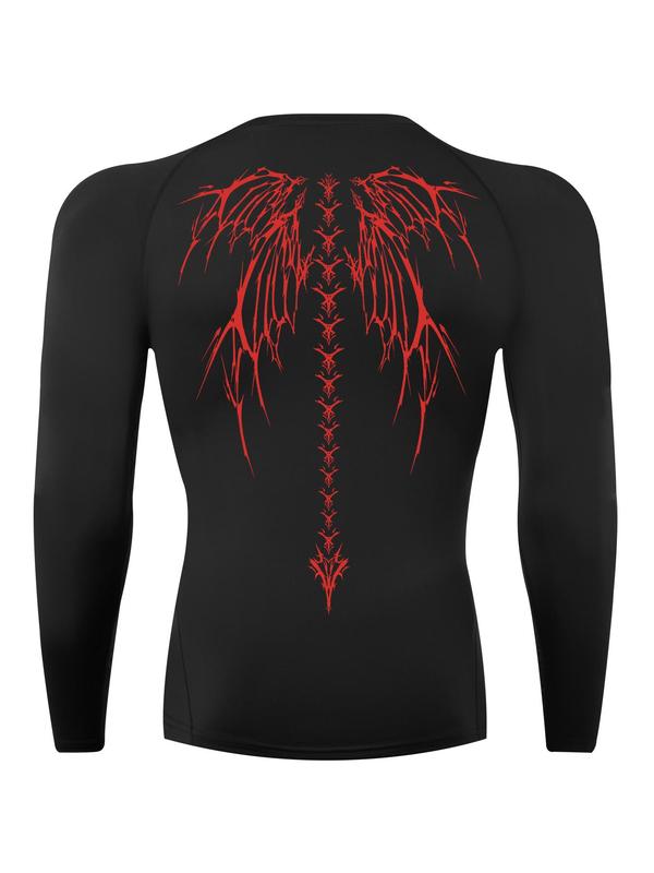 Men's Wing Print Long Sleeve Compression Sports Tee, Graphic Tees for Men, Men's Compression Shirts, Quick Drying Breathable Crew Neck T-shirts Workout Tops for Gym Running, Back-to-school Clothing, Fall Outfits