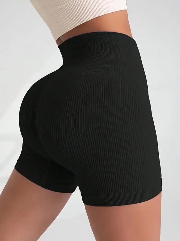 Women's Solid Ribbed High Waist Sports Shorts, Breathable Comfortable High Stretch Yoga Shorts, Ladies Sportswear for Indoor Outdoor Wear