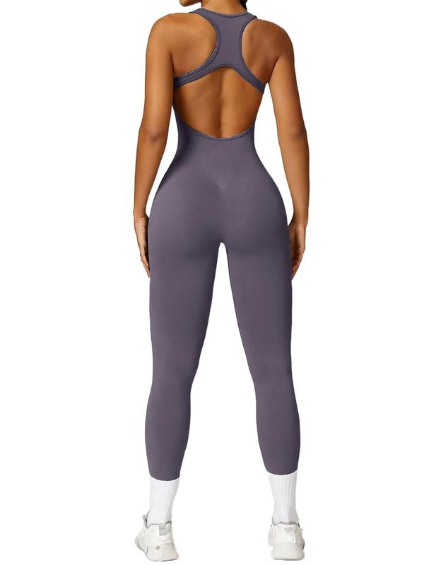 Sporty Women's Cut Out Square Neck Sports Jumpsuit with Removable Bra Pad, Solid Color Sleeveless Sport Jumpsuit, Ladies Sportswear Clothing, Tummy Control