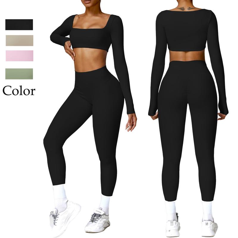 2 Piece Workout Sets for Women Long Sleeve Crop Tops and Yoga Pants Outfits High Waist Flared Leggings Gym Sets