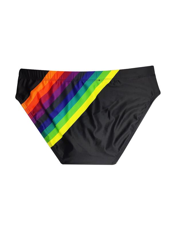 LGBTQ+ Unisex Men Swim Trunks Rainbow Stripe Print Tie Front Swim Knicker, Casual Comfy Breathable Swim Bottoms for Summer, Swimwear for Beach Swimming