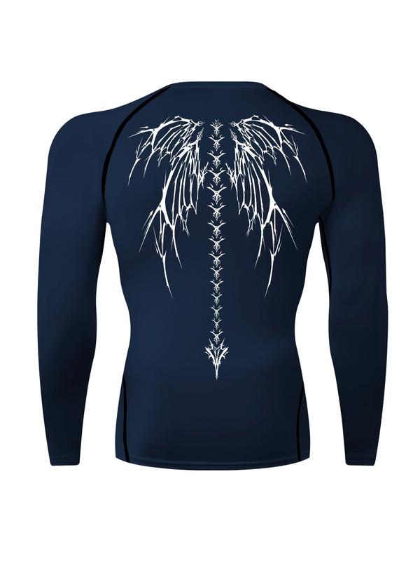 Men's Wing Print Long Sleeve Compression Sports Tee, Graphic Tees for Men, Men's Compression Shirts, Quick Drying Breathable Crew Neck T-shirts Workout Tops for Gym Running, Back-to-school Clothing, Fall Outfits