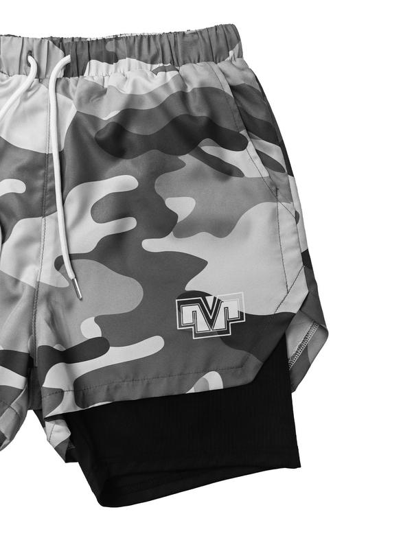 Sporty Men's Camo & Geometric Print 2-IN-1 Sports Shorts, Gym Shorts, Regular Fit Sport Tie Front Pocket Split Shorts, Men's Sport & Outdoor Clothing