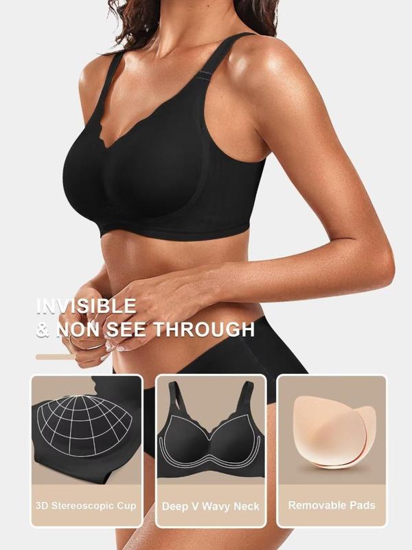 Sporty Women's Solid Color Scallop Trim Push Up Sports Bra, Breathable Comfortable V Neck Wireless Lingerie Top, Ladies Sportswear for Indoor Outdoor Wear