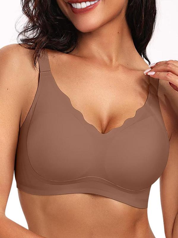 Sporty Women's Solid Color Scallop Trim Push Up Sports Bra, Breathable Comfortable V Neck Wireless Lingerie Top, Ladies Sportswear for Indoor Outdoor Wear