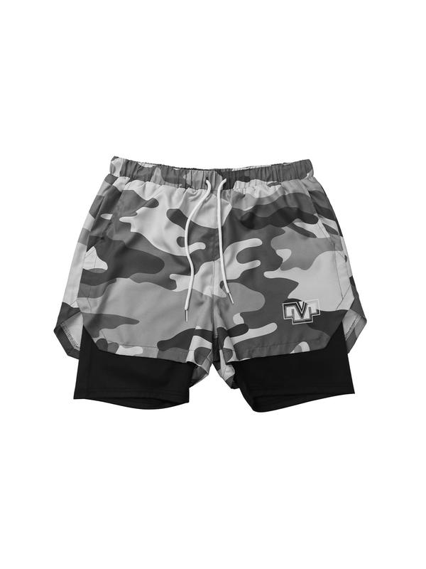 Sporty Men's Camo & Geometric Print 2-IN-1 Sports Shorts, Gym Shorts, Regular Fit Sport Tie Front Pocket Split Shorts, Men's Sport & Outdoor Clothing