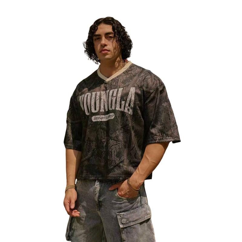 2025 New YOUNGLA Men's Oversized T-Shirt with Large Mesh Print for Sports and Fitness in All Seasons - Christmas Menswear