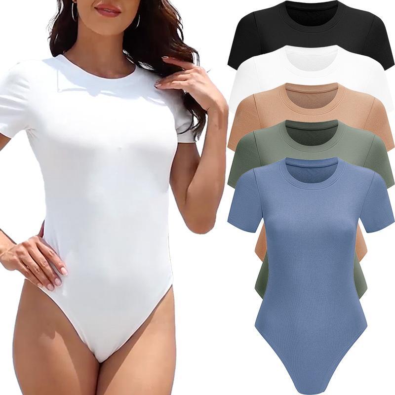 OLENNZ 5 Pack Bodysuits for Womens Short Sleeve Round Neck Casual Stretchy Basic T Shirt Bodysuit Tops Breathable Comfort Womenswear Crewneck