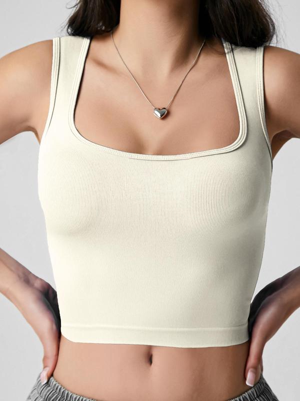 Women's Solid Square Neck Sports Vest, Casual Comfy Breathable Crop Top, Ladies Sportswear for Summer, Summer Gym Clothes Women