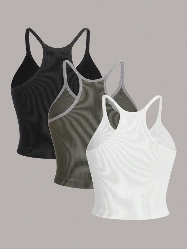 Women's Solid Ribbed U Neck Sports Vest, Casual Sleeveless Crop Top for Indoor Outdoor Wear, Ladies Sportswear for All Seasons