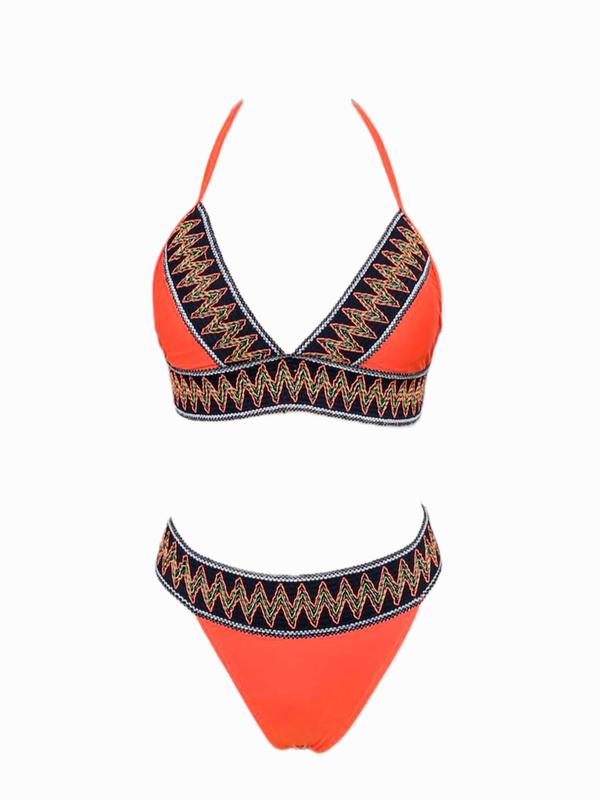 Women's 2pcs Colorblock Chevron Print Backless Bikini Set, Boho Casual Halter Neck Triangle Swim Bra & Swim Panty Swimsuit Set for Beach Holiday Vacation, Ladies Swimwear for All Seasons