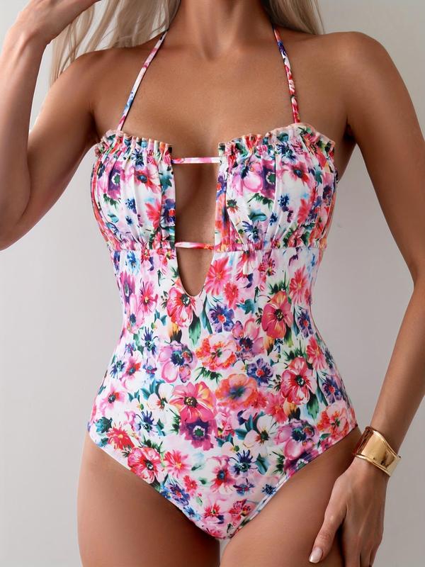 Women's Floral Print Frill Trim Ruched Cut Out One-Piece Swimsuit, Boho Fashion Halter Neck Tie Back Sleeveless Swimwear for Beach Holiday Vacation, Ladies Summer Clothes