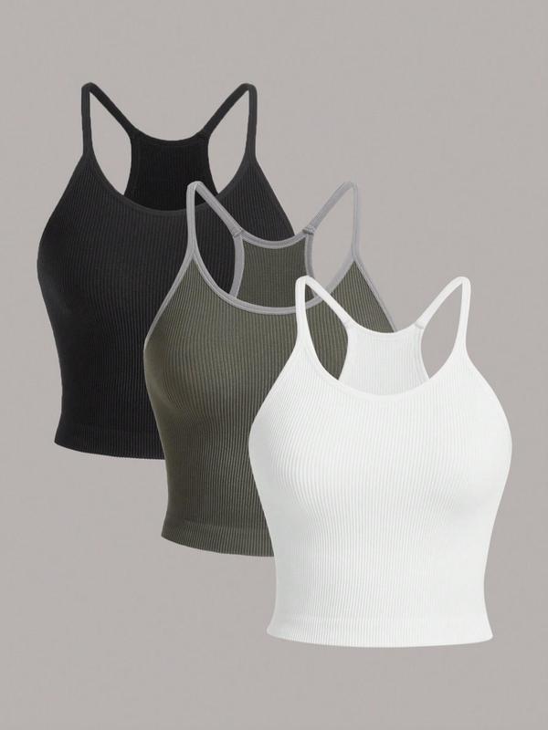 Women's Solid Ribbed U Neck Sports Vest, Casual Sleeveless Crop Top for Indoor Outdoor Wear, Ladies Sportswear for All Seasons