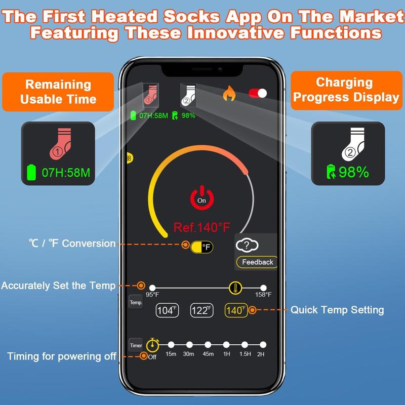 Heated Socks for Winter with 2x 6000mAh Rechargeable Battery, App Control, Adjustable Heat, Ideal for Skiing, Hiking, Hunting, and Outdoor Use