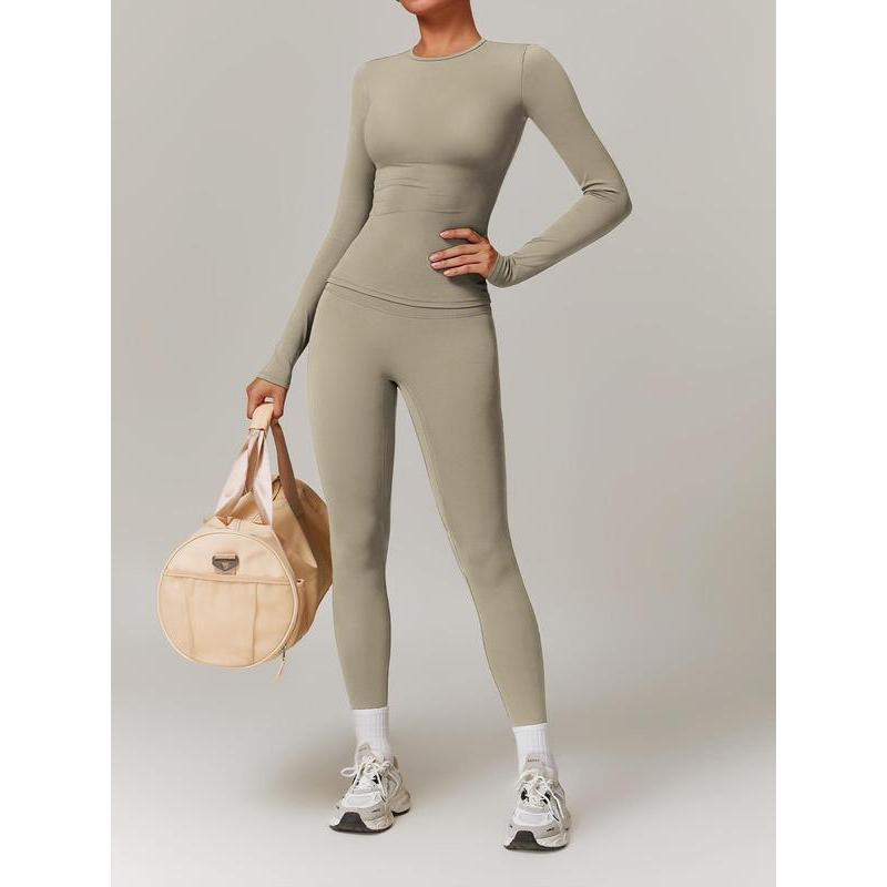 Women's Solid Long Sleeve Skinny Tee & High Waist Leggings Tracksuit Two Piece Sets Tracksuits, Sporty Breathable Quick Drying Outfits for Yoga Gym Workout Running, Ladies Sportswear for Fall, Outfit 90S Clothes Downtown Girl Outfit, Fall Outfits