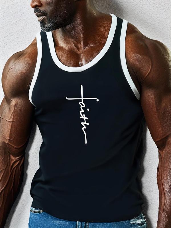 Men's Letter Print Contrast Binding Sports Tank Top, Regular Fit Sporty Casual Round Neck Sleeveless Top, Workout Clothes, Running Vest, Gym Vest, Men's Sport & Outdoor Clothing for Summer