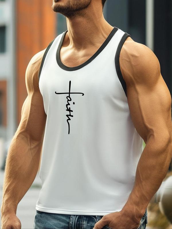 Men's Letter Print Contrast Binding Sports Tank Top, Regular Fit Sporty Casual Round Neck Sleeveless Top, Workout Clothes, Running Vest, Gym Vest, Men's Sport & Outdoor Clothing for Summer