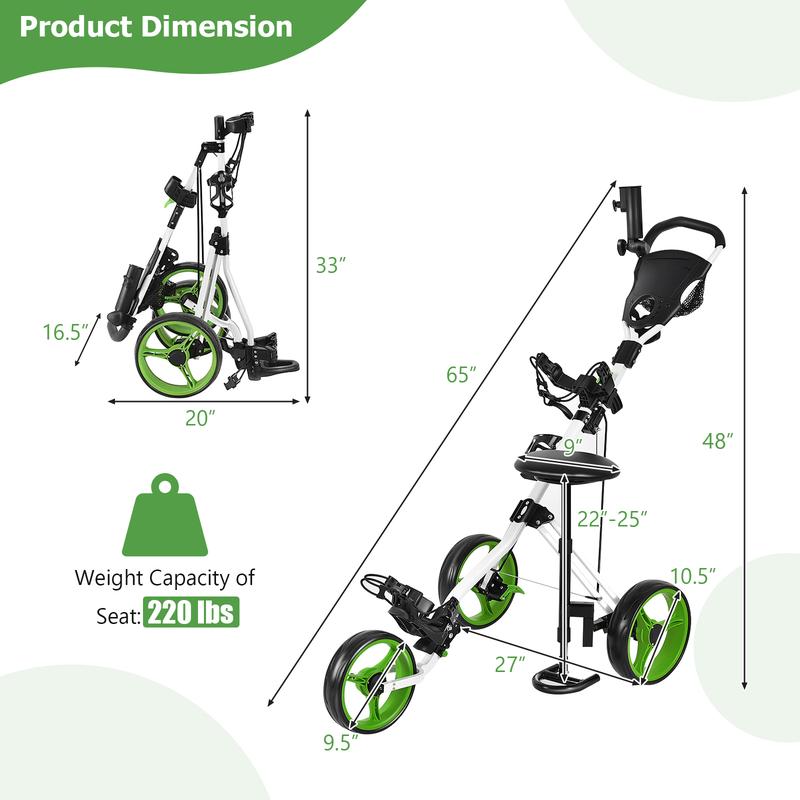 FestivalJoy-Foldable 3 Wheels Push Pull Golf Trolley with Scoreboard Bag-Green