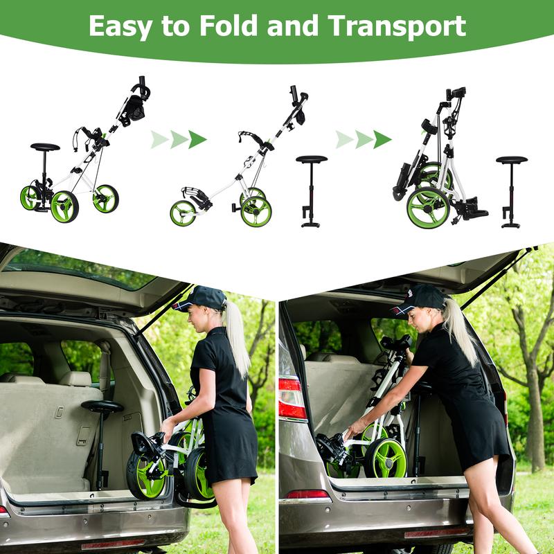 FestivalJoy-Foldable 3 Wheels Push Pull Golf Trolley with Scoreboard Bag-Green