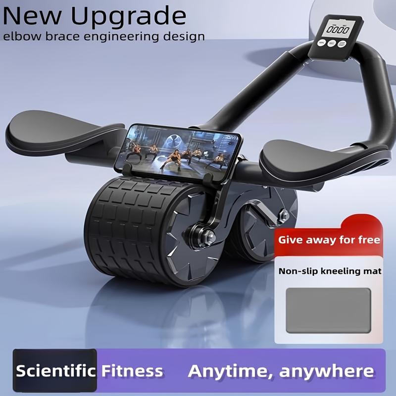 1 Piece Black Abdominal Roller with Knee Pad, Automatic Rebound Abdominal Roller, Timer, Small Home Fitness Equipment, Abdominal Muscle Stimulator