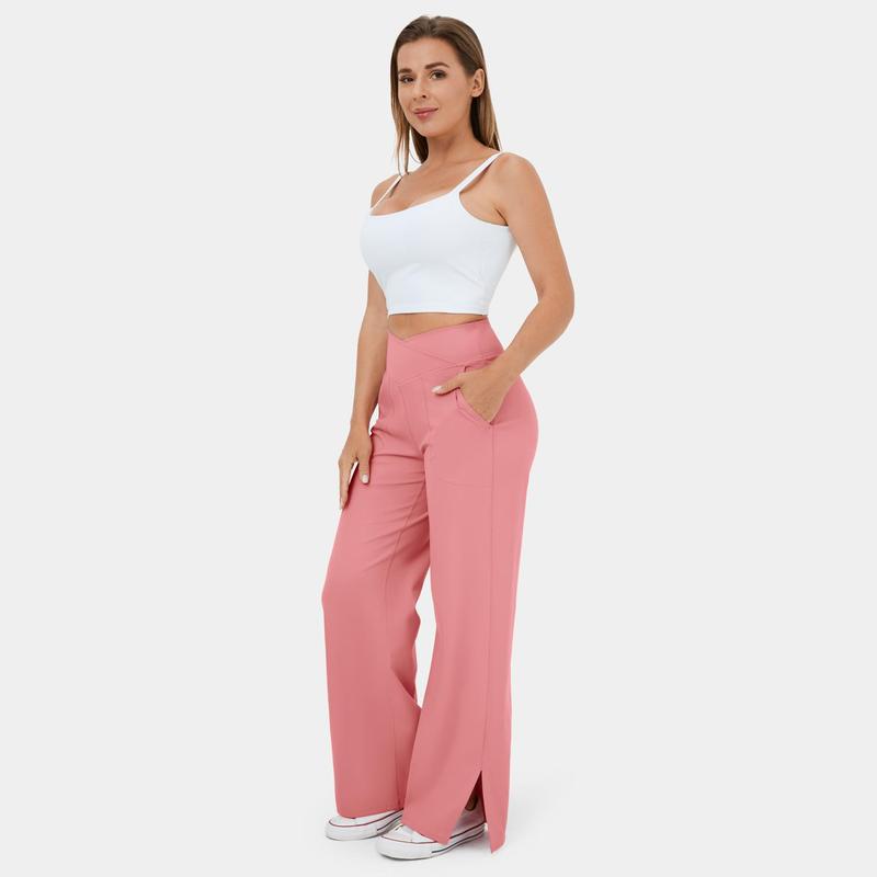 Crossover Pocket Split Hem Wide Leg Yoga Pants-Smile