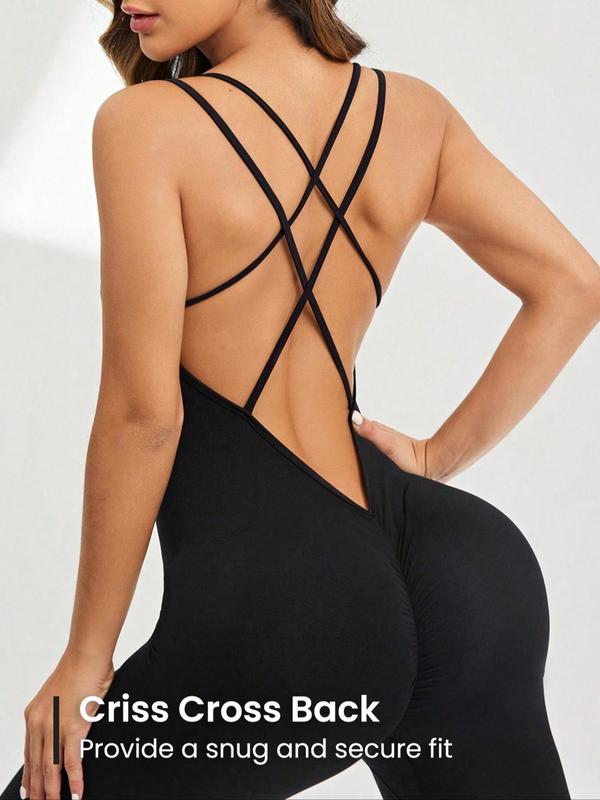 Sporty Women's Solid Color Criss Cross Backless Sports Cami Jumpsuit, Sporty Sleeveless Double Spaghetti Strap Skinny Jumpsuit for Yoga Gym Workout, Ladies Sportswear for All Seasons