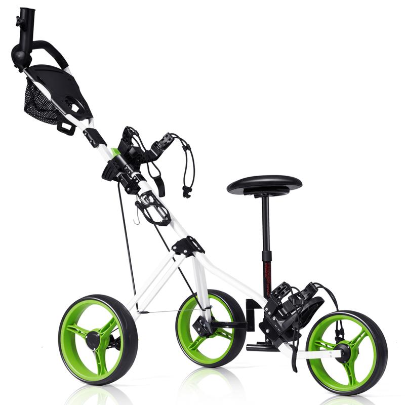 FestivalJoy-Foldable 3 Wheels Push Pull Golf Trolley with Scoreboard Bag-Green