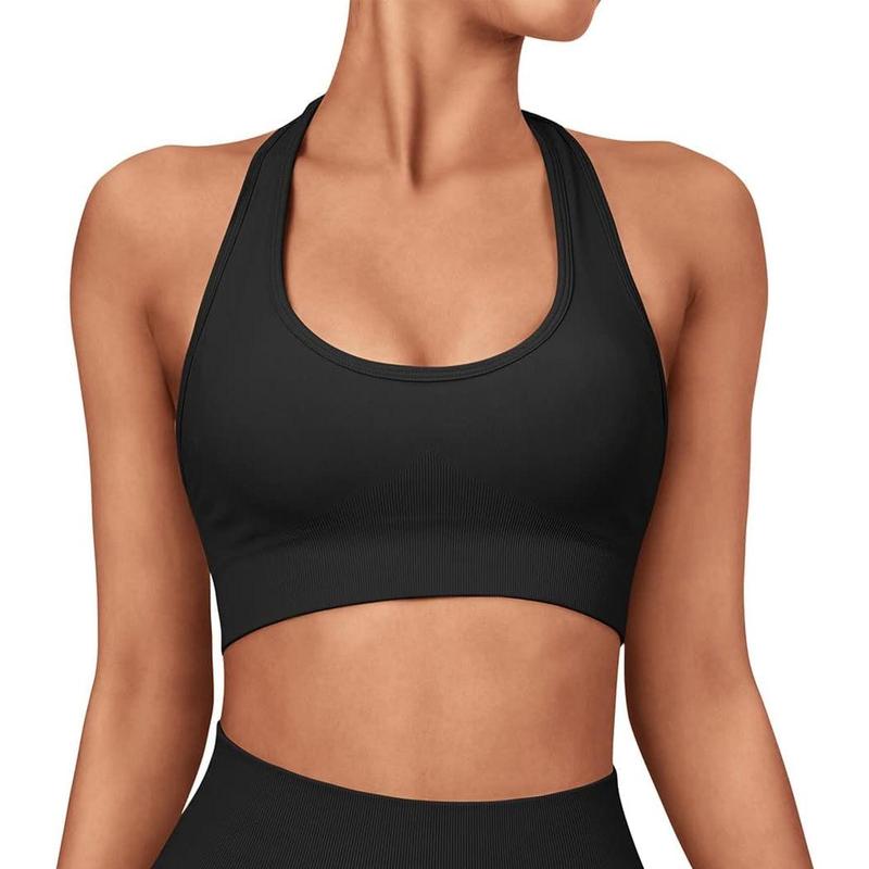 Women Seamless Halter Sports Bra Open Back Padded Workout Crop Tank Tops