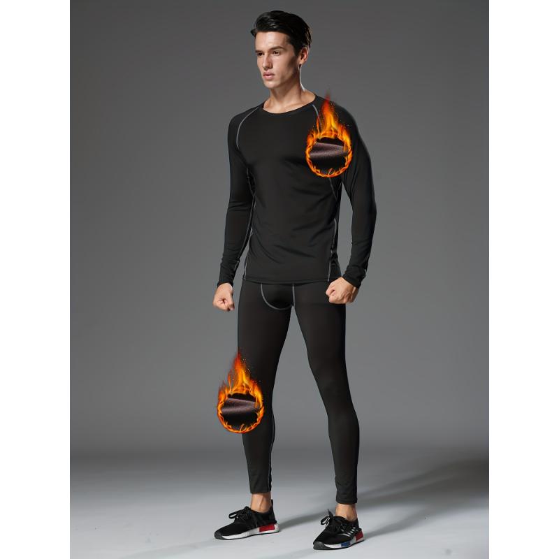 8pcs Men'S Thermal Sports Suit Set - Polyester & Elastane Crew Neck Tops with Skinny Fit Jegging - Breathable, Quick-Dry, Solid Color Activewear for Skiing, Running, Basketball, Hiking & Training - Fall Winter Collection