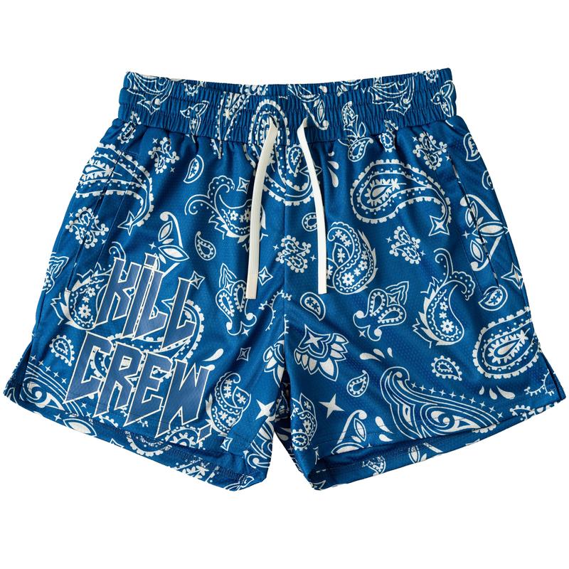 [Kill Crew] Muay Thai Shorts Bandana - Blue   Cream, Unisex, Mid Thigh Cut, Pockets, Gym Shorts, Elastic Waistband, Long drawcord with wax tips