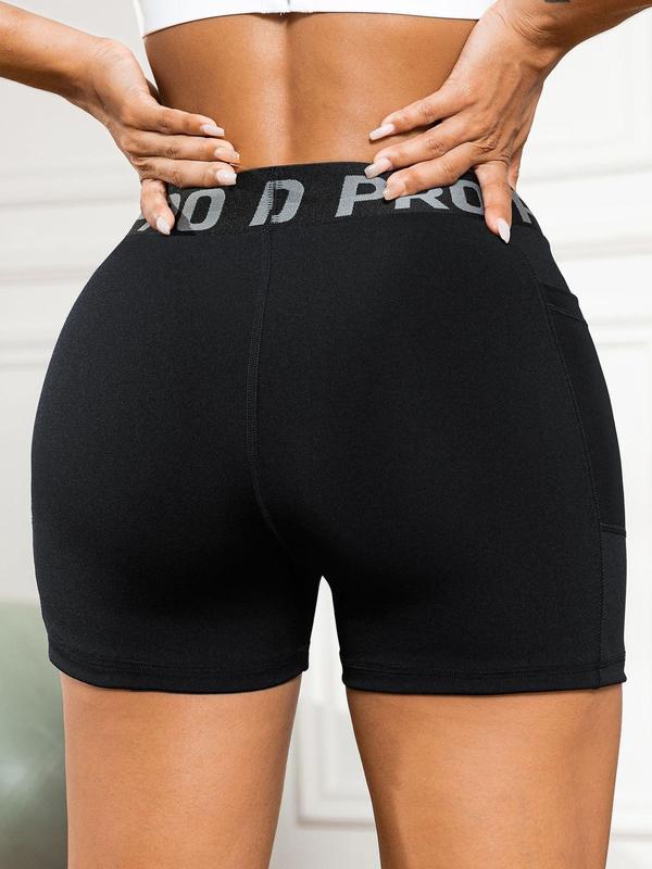 Women's Letter Tape Pocket High Waist Sports Gym Shorts, Sporty Comfy Stretchy Skinny Shorts for Yoga Gym Running, Gym Clothing, Gym Clothes, Biker Shorts, Ladies Sportswear