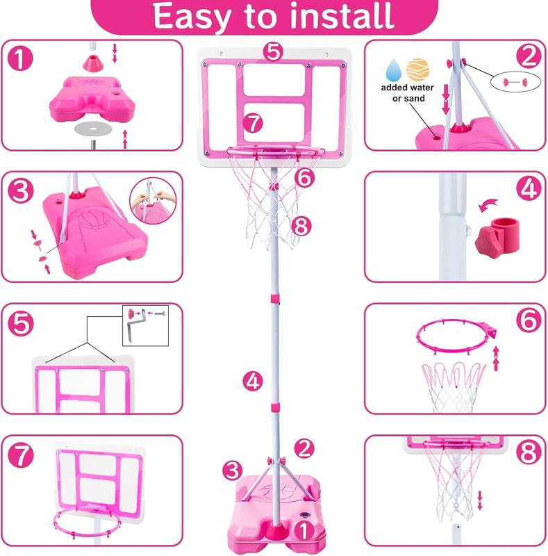 Kids Basketball Hoop with Stand, Adjustable Height 3.5FT-6.2FT Toddler Basketball Hoop, Basketball Goal Outdoor Indoor Toys for Girls Age 3 4 5 6 7 8 Years Old Gifts(Pink)