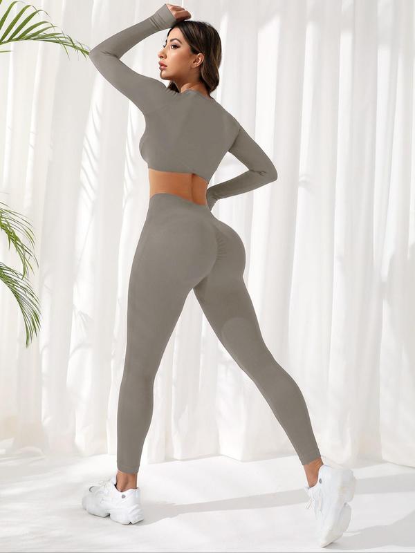 Two-Piece Set Women's Solid Long Sleeve Crop Top & High Waist Leggings Tracksuit Set, Sporty Breathable Comfy Outfits for Yoga Gym Workout Running, Ladies Sportswear for Fall & Winter