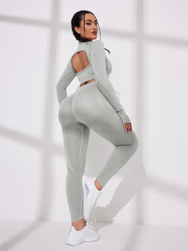 Two-piece Set Women's Solid Cut Out Backless Raglan Sleeve Crop Top & High Waist Leggings Tracksuit Set, Sporty Breathable Comfy Outfits for Yoga Gym Workout Running, Ladies Spring & Fall Sportswear,  Tracksuit for Women, Fall Outfits, Fallfreshness