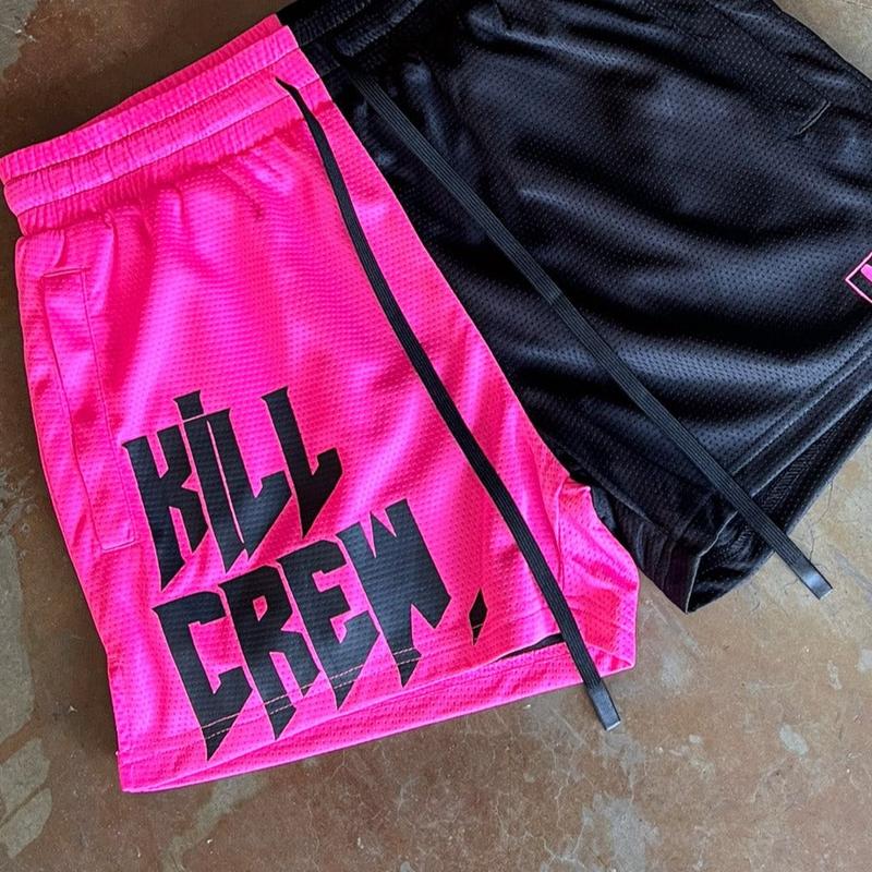 [Kill Crew] Muay Thai Shorts 2 Tone - Black   Pink, Unisex, Mid Thigh Cut, Pockets, Gym Shorts, Elastic Waistband, Long drawcord with wax tips