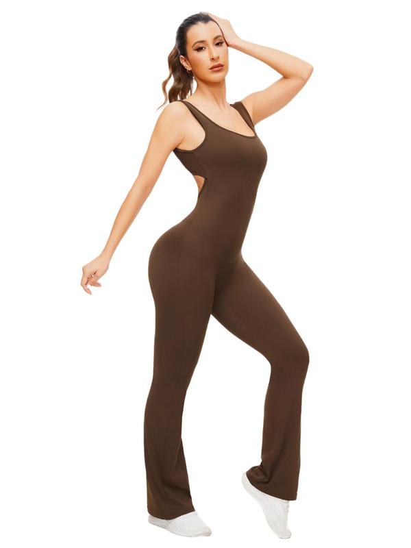 Women's Cut Out Flared Sports Jumpsuit, Sport Scoop Neck Backless Tank Jumpsuit, Ladies Sportswear Clothing, Tummy Control