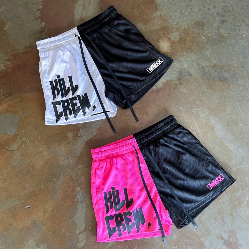 [Kill Crew] Muay Thai Shorts 2 Tone - Black   Pink, Unisex, Mid Thigh Cut, Pockets, Gym Shorts, Elastic Waistband, Long drawcord with wax tips