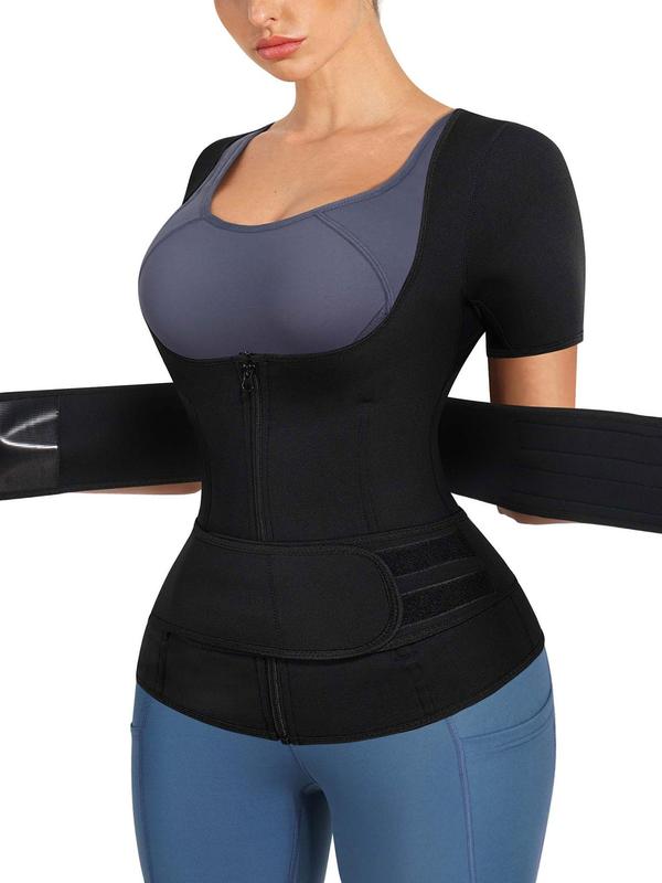 Women's Solid Zipper Sauna Top, Adjustable Velcro Short Sleeve Sauna Top, Women's Sportswear Clothing for Indoor Outdoor Wear